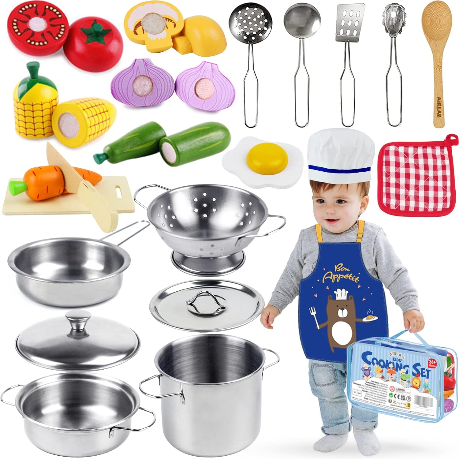 Airlab Kids Kitchen Accessories, Wooden Food Toys Stainless Steel Pots and Pans...