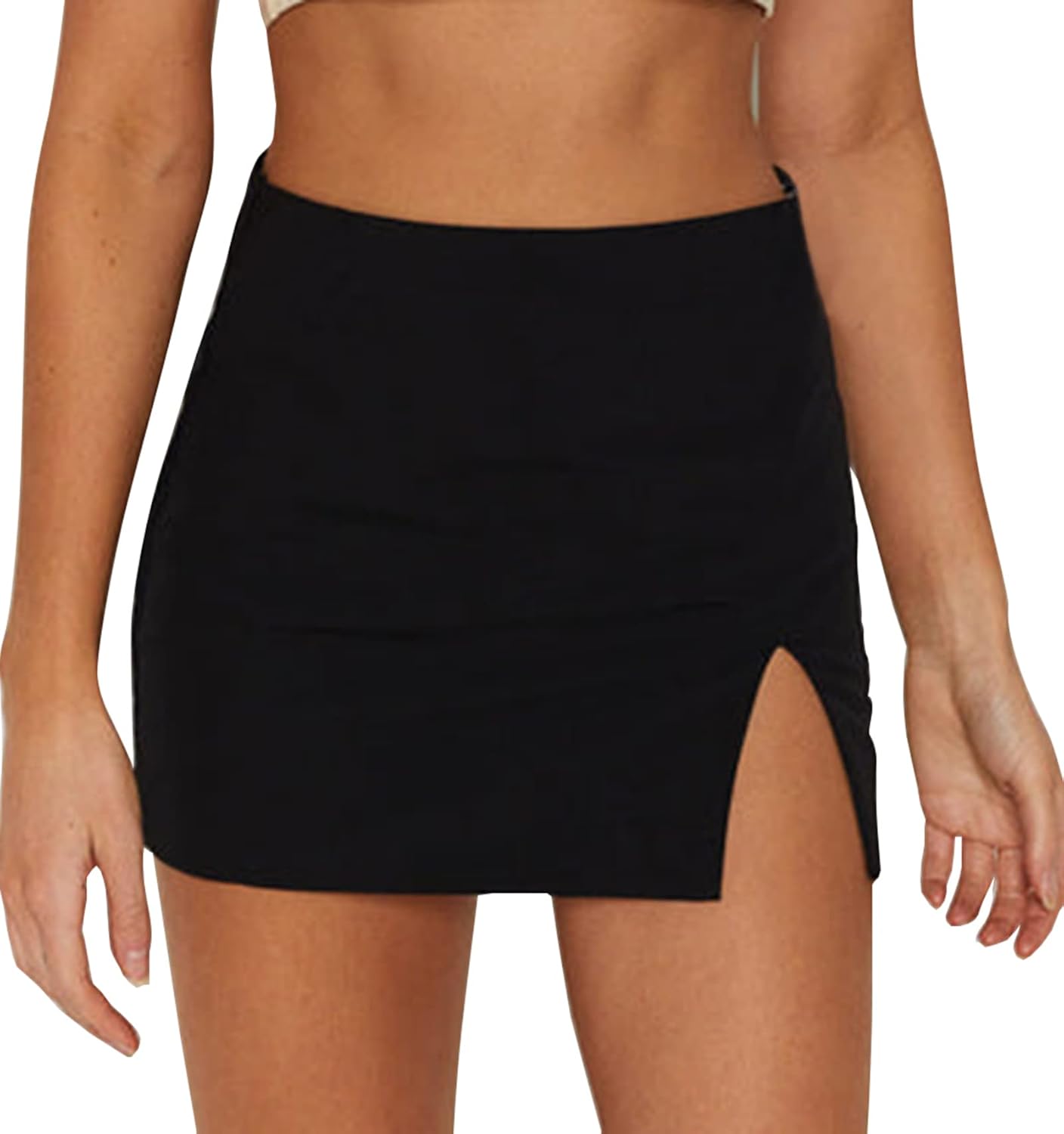 Women's Black Mini Skirts High Waist High Slit Sexy Stretch Fitted Bodycon Mini...