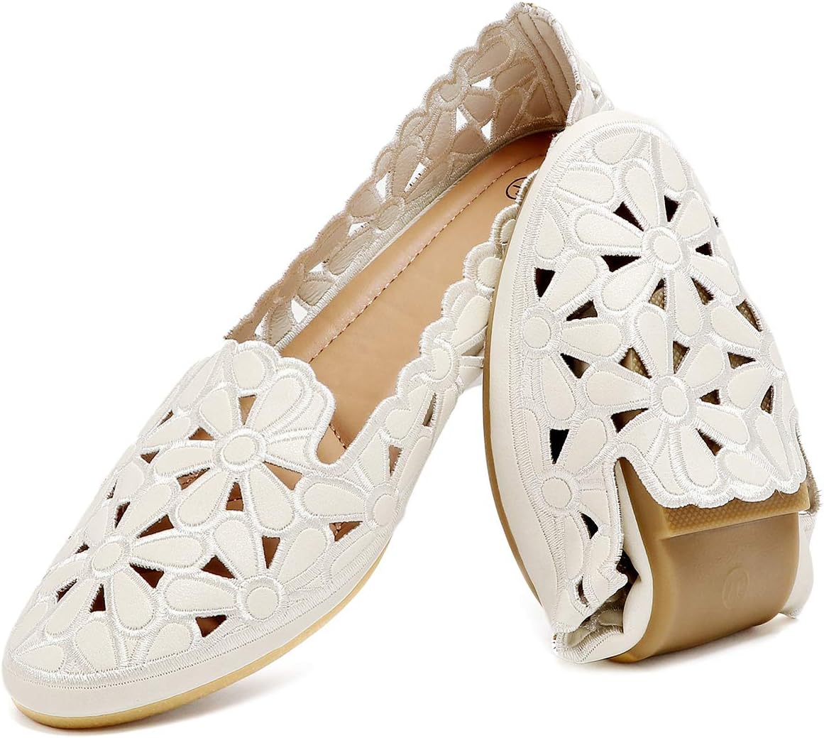 HEAWISH Women's Floral Ballet Flats for Women Black Beige Slip On Flowers PU Lea...