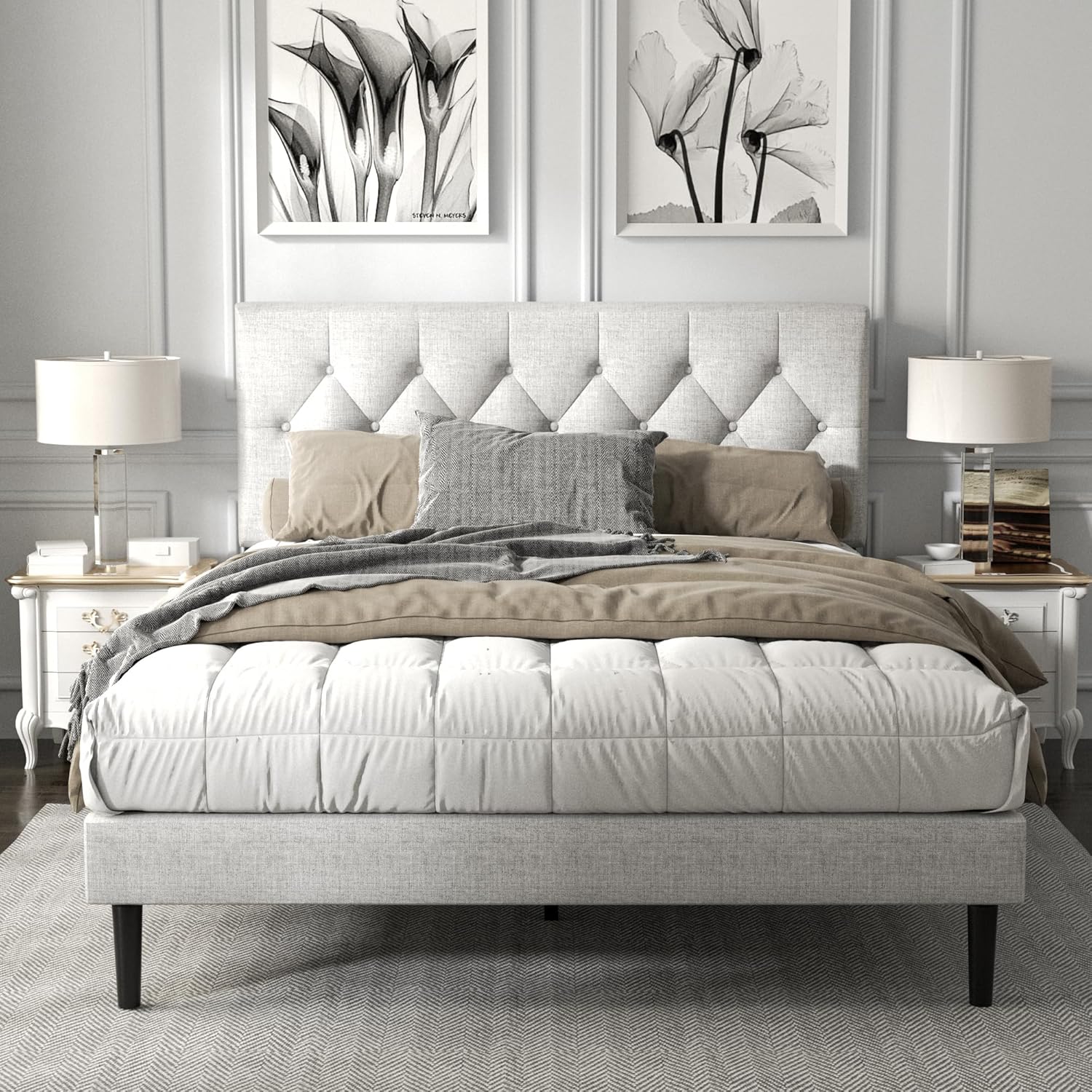 Queen Size Platform Bed Frame with Upholstered Button Tufted Headboard, Mattress...