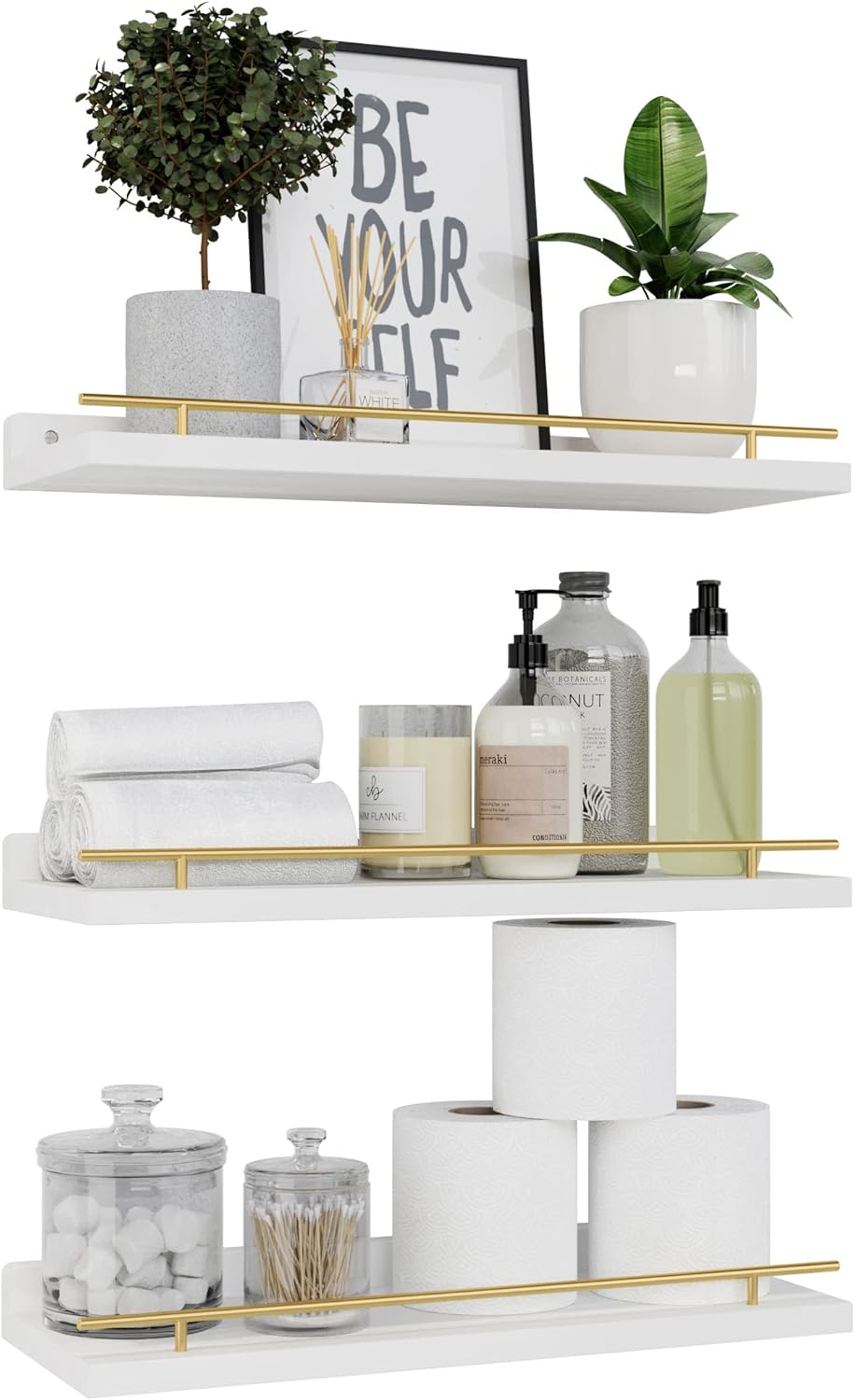 WOPITUES Floating Shelves with Gold Metal Guardrail, Shelves for Wall Decor Set...