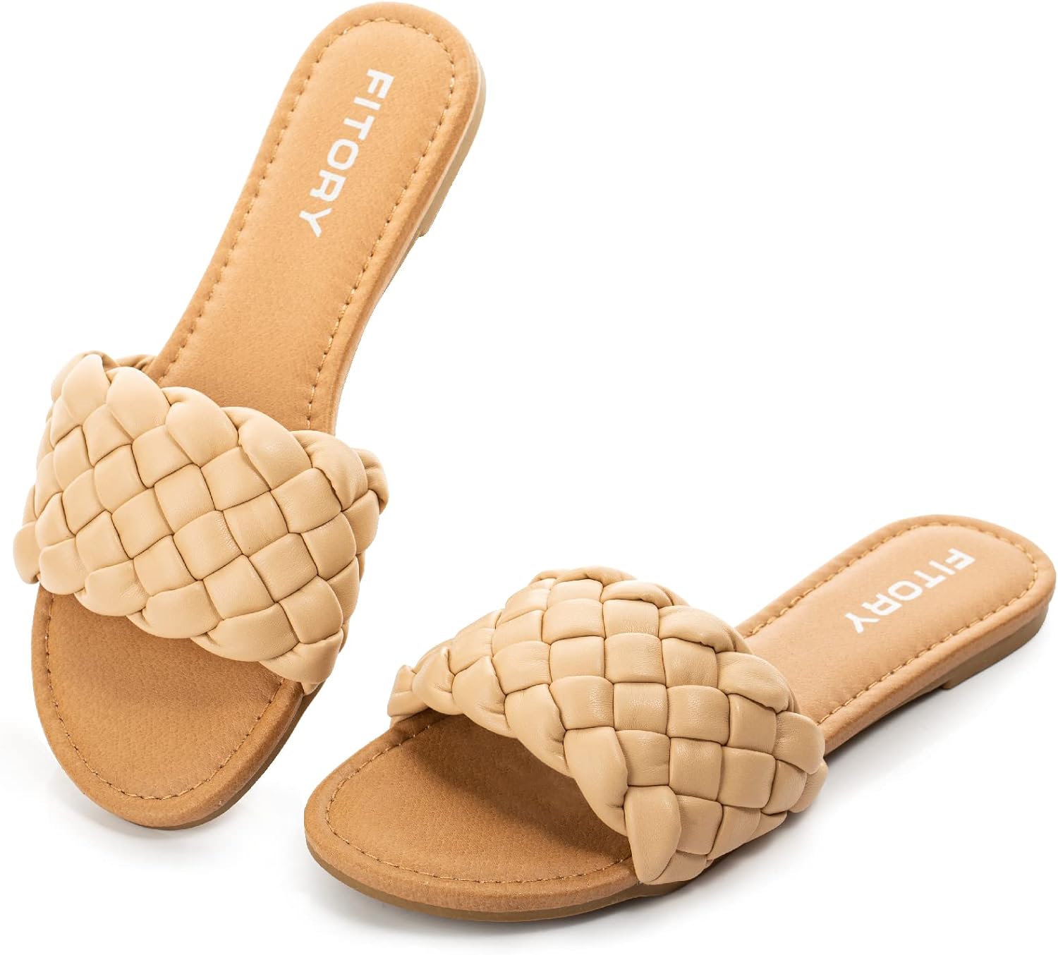 FITORY Womens Flat Sandals Fashion Round Open Toe Slip On Slides with Braided St...