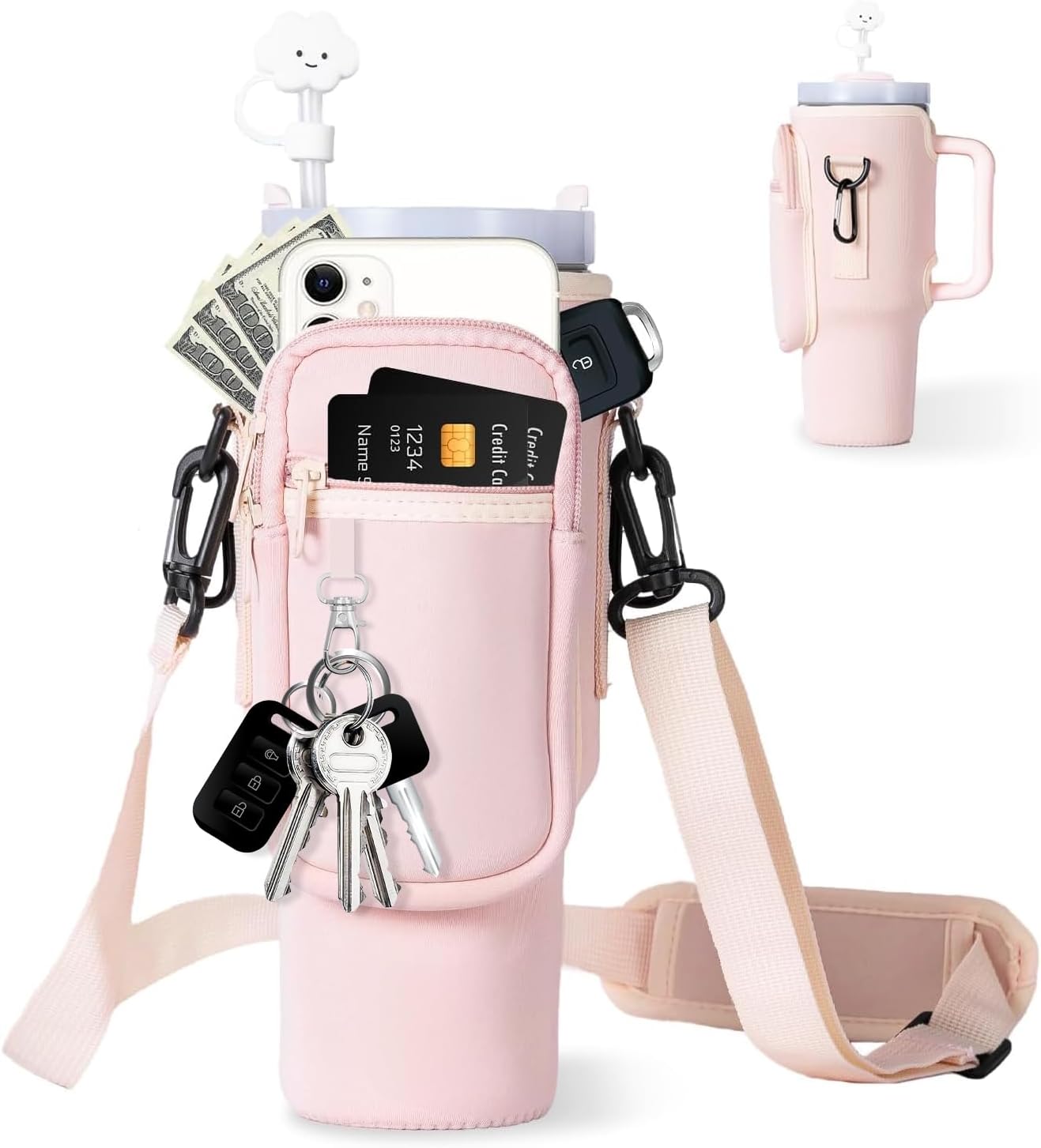 Water Bottle Carrier Bag with Phone Pocket for Stanley 40 oz Tumbler Neoprene Wa...