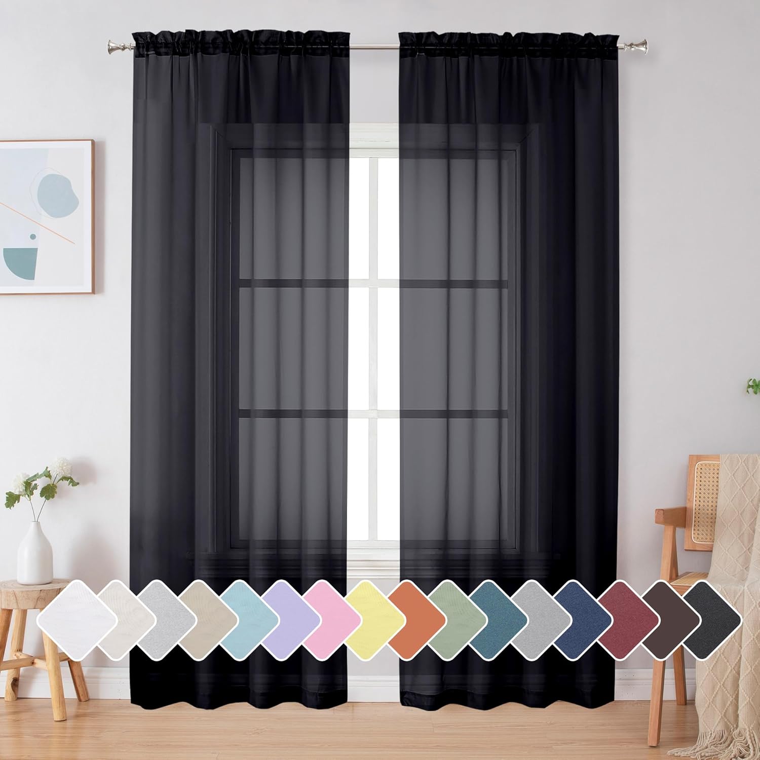 Simplebrand Black Sheer Curtains 84 Inches Long, Light Filtering Rod Pocket Soli...