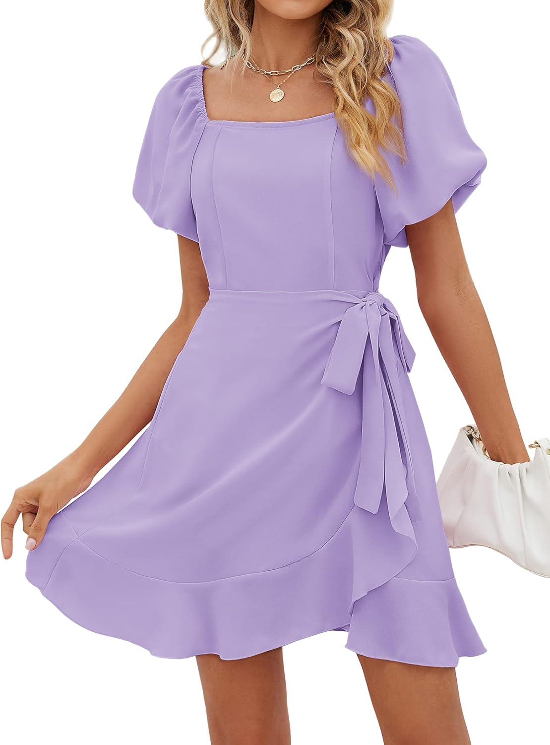 SAMPEEL Womens Summer Dresses Square Neck Puff Sleeve Tie Waist Short Dress X-La...
