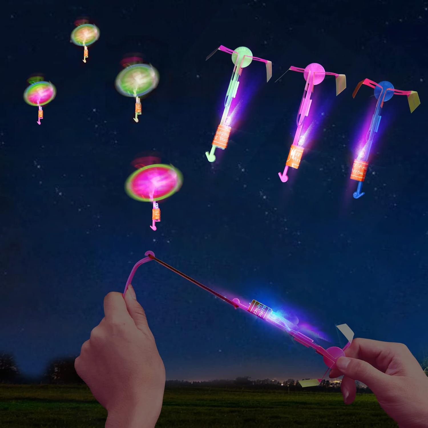 25 Sets LED Flying Set, 25 Slingshot+25 Glow Helicopter-50 Pcs, Flying Toy Outdo...