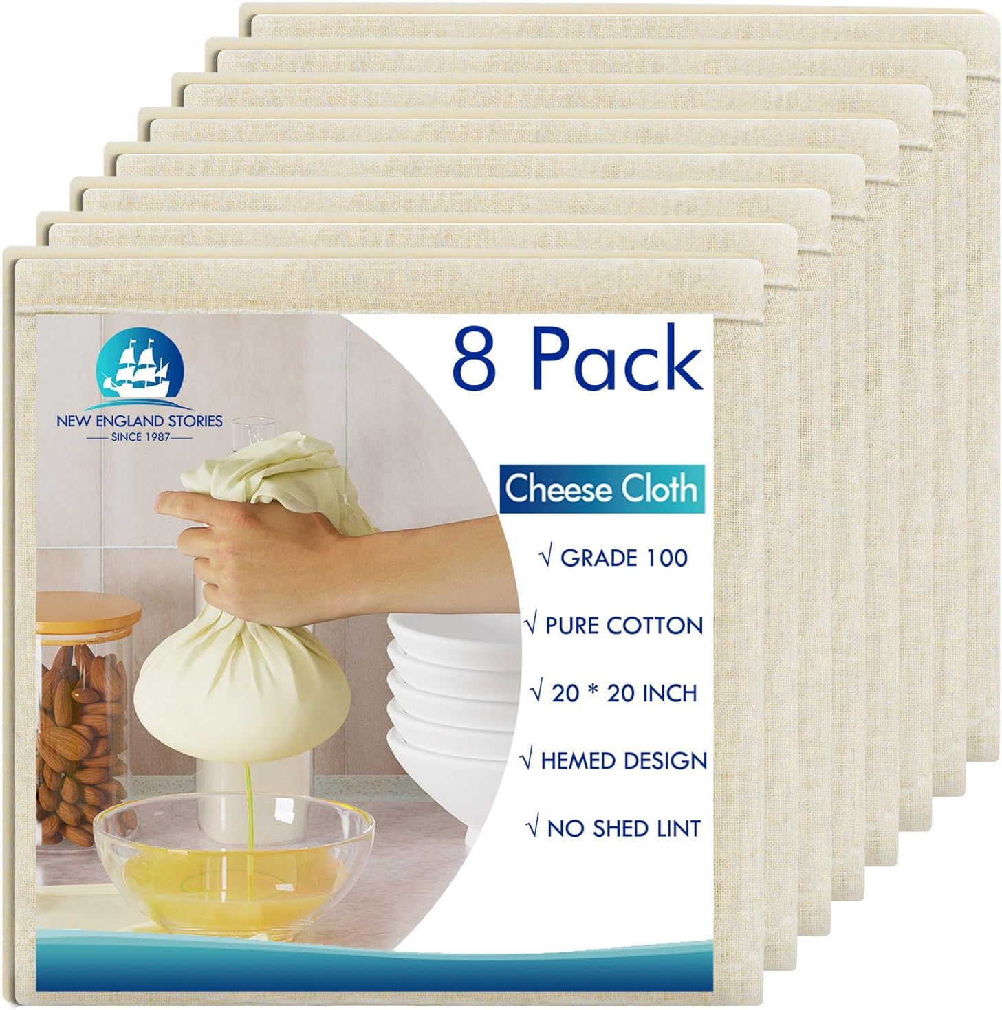 8 PCS Reusable Cheesecloth, Grade 100, 20x20 Inch Hemmed Cheese Cloth for Strain...