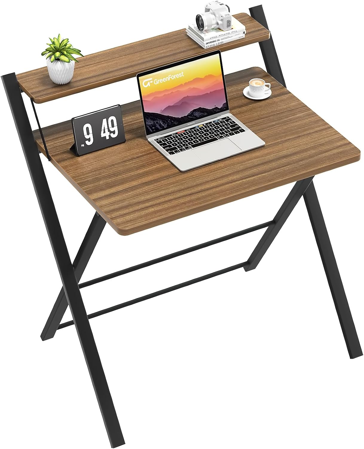 GreenForest Folding Desk No Assembly Required Small Size, 2-Tier Foldable Comput...