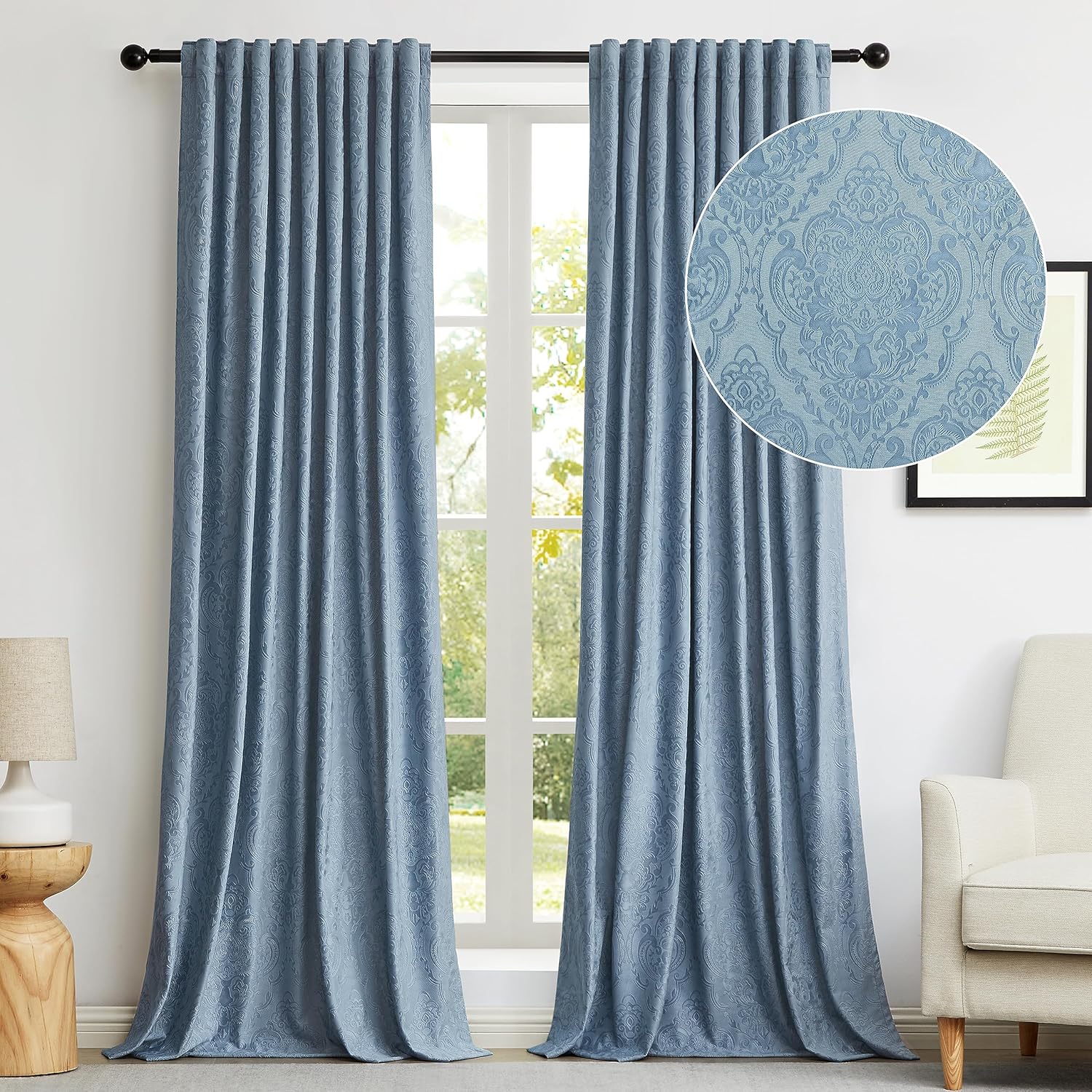 GIGIZAZA Grey Blue Velvet Curtains 90 Inch Long for Living Room,2 Panels Luxury...