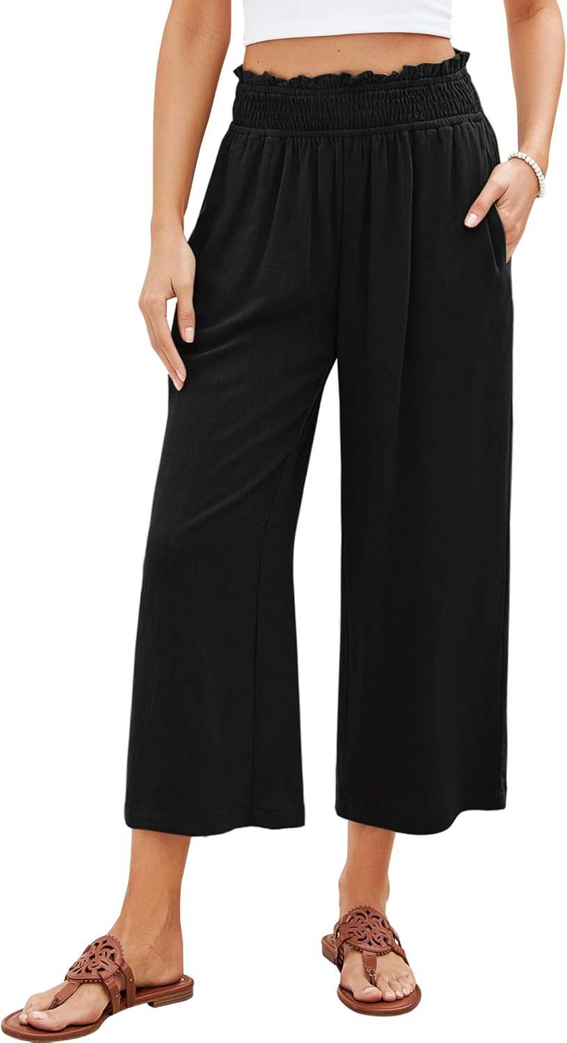 GRAPENT Capri Pants for Women High Waisted Wide Leg Linen Palazzo Trousers Pull...