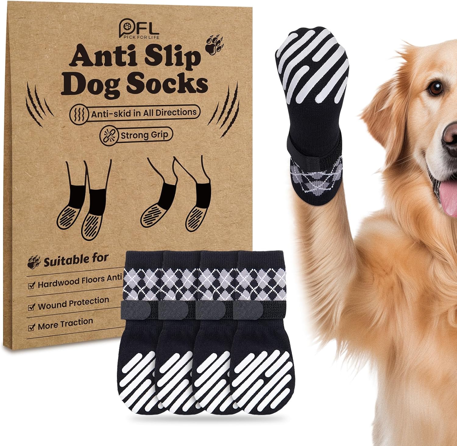 PICK FOR LIFE Dog Socks, 2 Pairs Anti Slip Dog Socks Paws Stop Licking Dog Paw P...