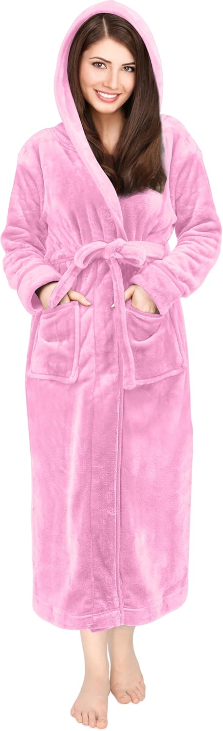 NY Threads Womens Fleece Hooded Bathrobe Plush Long Spa Robe Medium Pink