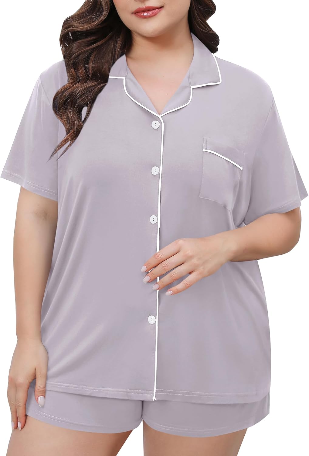 SWOMOG Women's Plus Size Pajamas Set Button Down Tops Short Sleeve Sleepwear Sof...