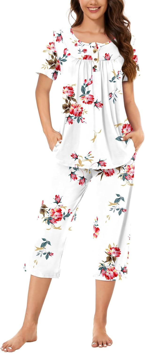 Bestbee Womens Pajama Set 2 Piece Summer Sleepwear Set Henley Neck Short Sleeve...