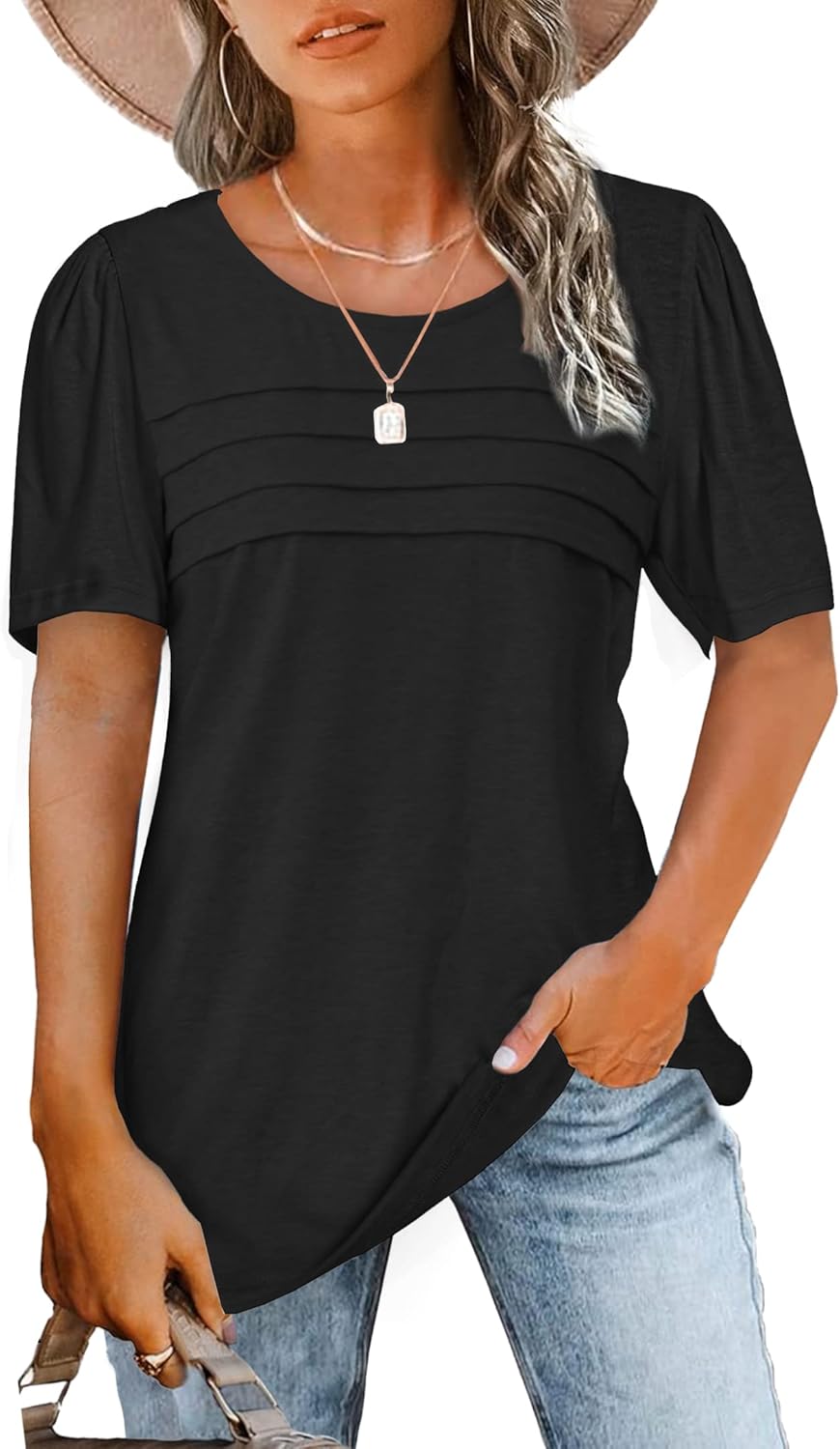 JomeDesign Womens Summer Tops Short Sleeve Crew Neck Shirts Puff Sleeve Casual T...