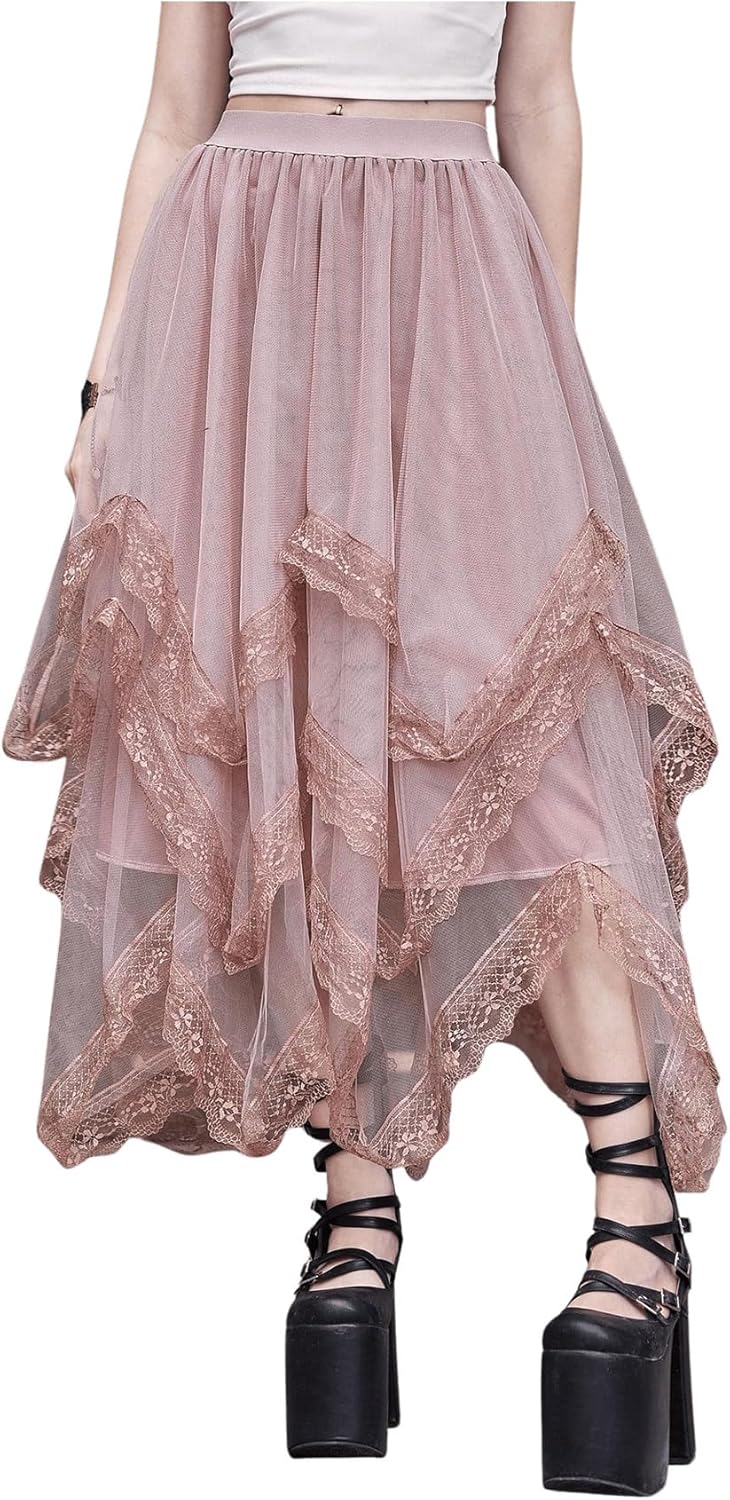 SHENHE Women's Lace Trim Layered Mesh Tulle Skirt High Waist Asymmetrical Long G...