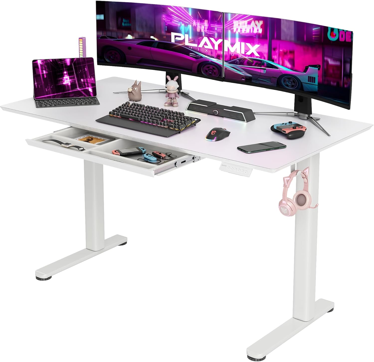 Glass Gaming Desk with Drawers, White Gaming Electric Standing Desk Adjustable H...