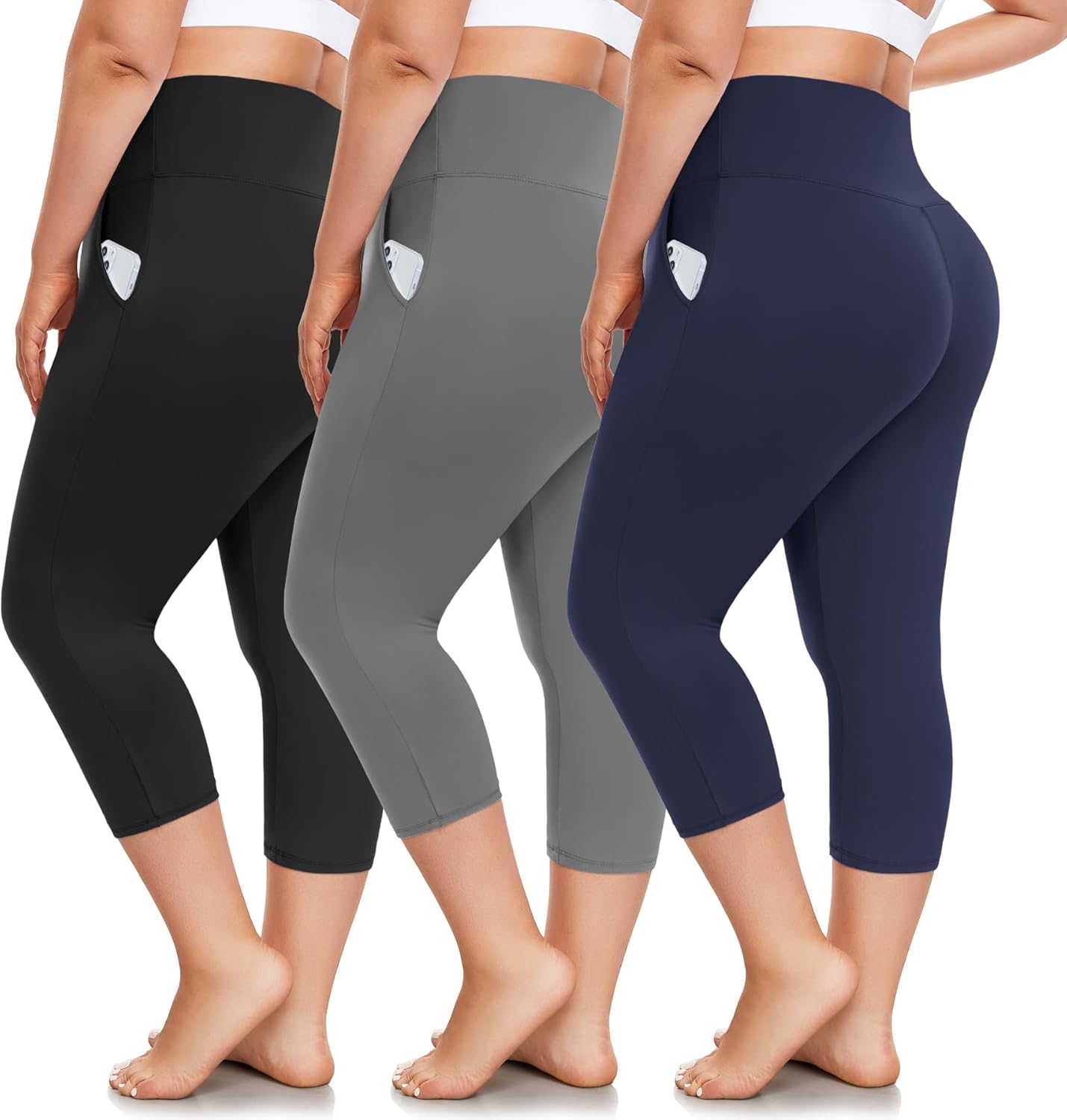 FULLSOFT 3 Pack Plus Size Capri Leggings with Pockets for Women -High Waist Stre...