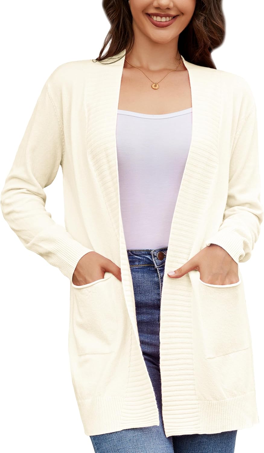 Women's Open Front Cardigan with Pockets Long Sleeve Casual Knit Sweaters White...