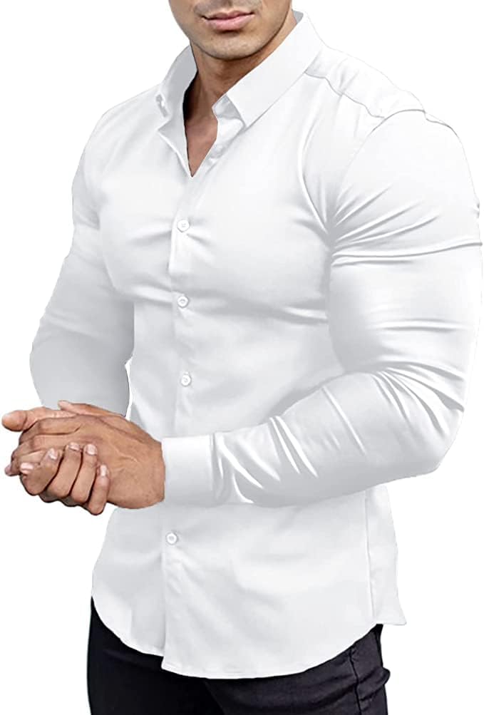 Men’s Muscle Fit Dress Shirts Athletic Slim Fit Long Sleeve Stretch Casual Butto...
