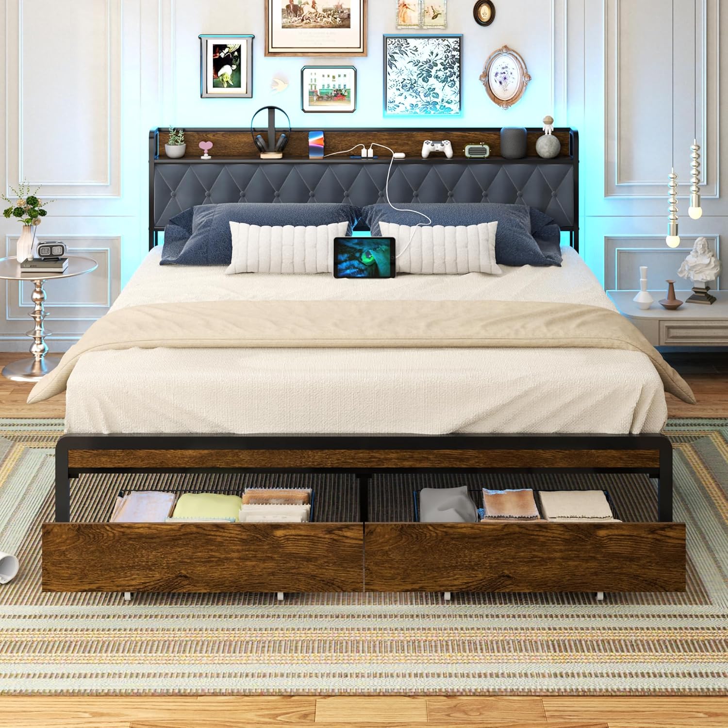 King Size Metal Platform Bed Frame with 2 Storage Drawers & LED Light, Upholster...