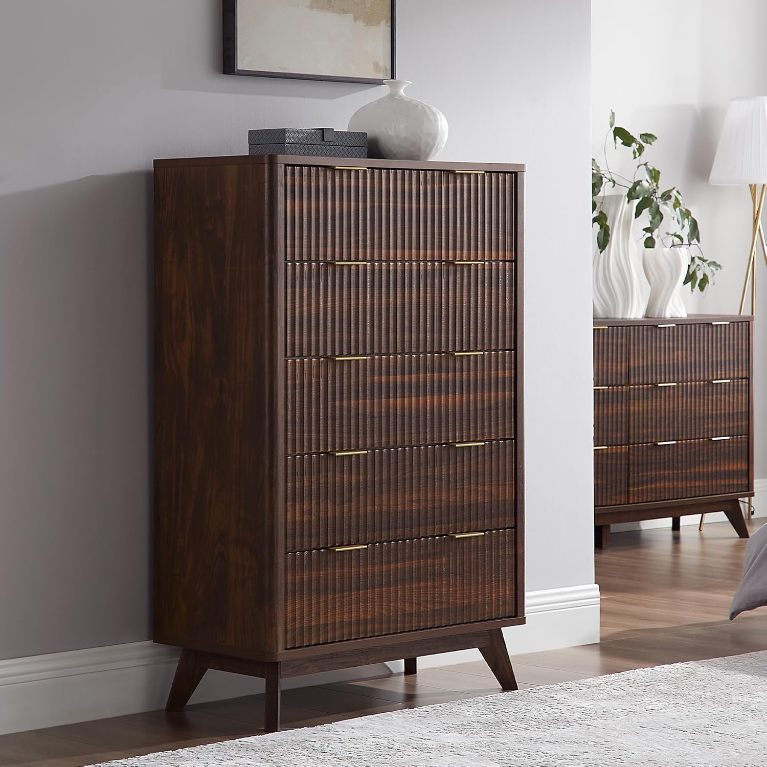 T4TREAM Fluted 5 Drawers Dresser, 48" Tall Modern Chest of Drawers, Curved Profi...