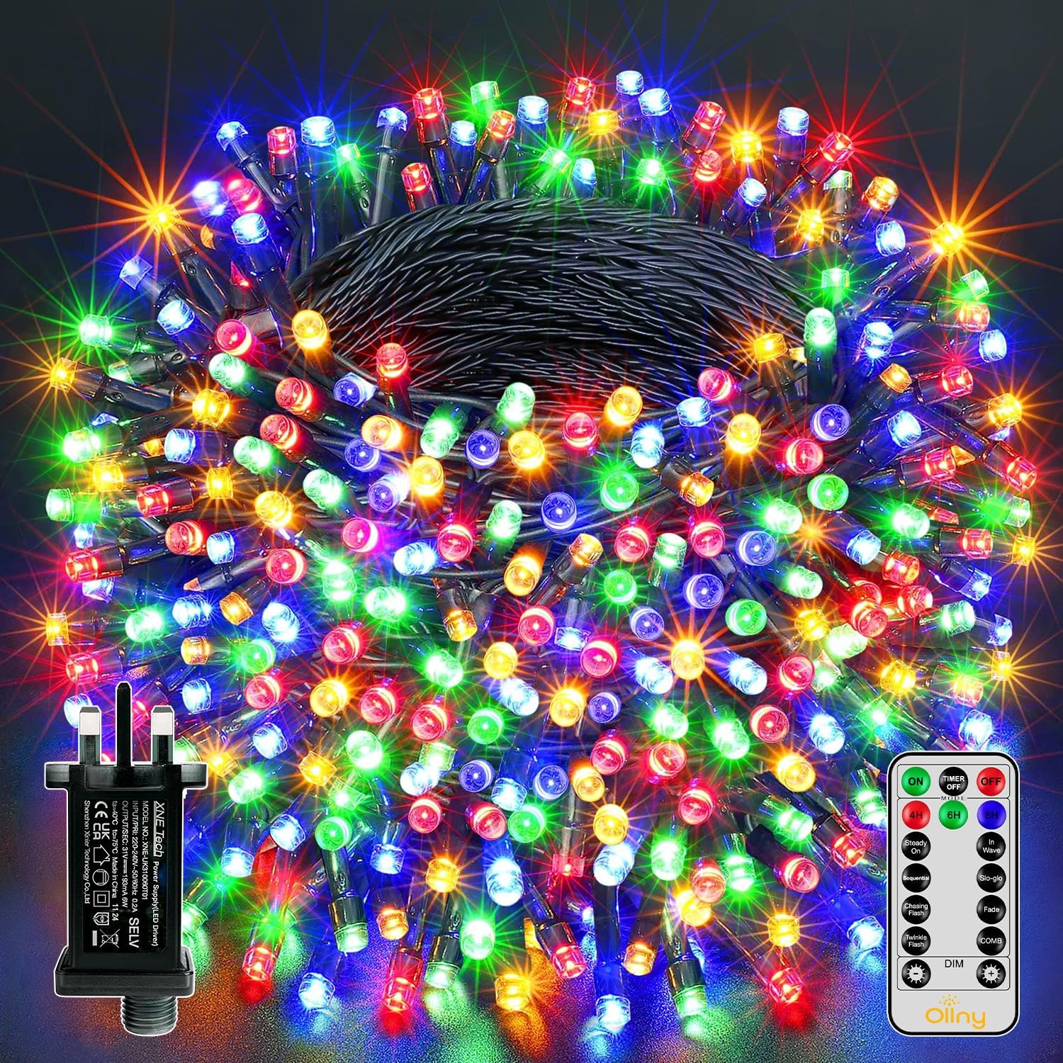 Ollny Christmas Tree Lights Outdoor, 20m 200 LED Fairy Lights Mains Powered, Col...
