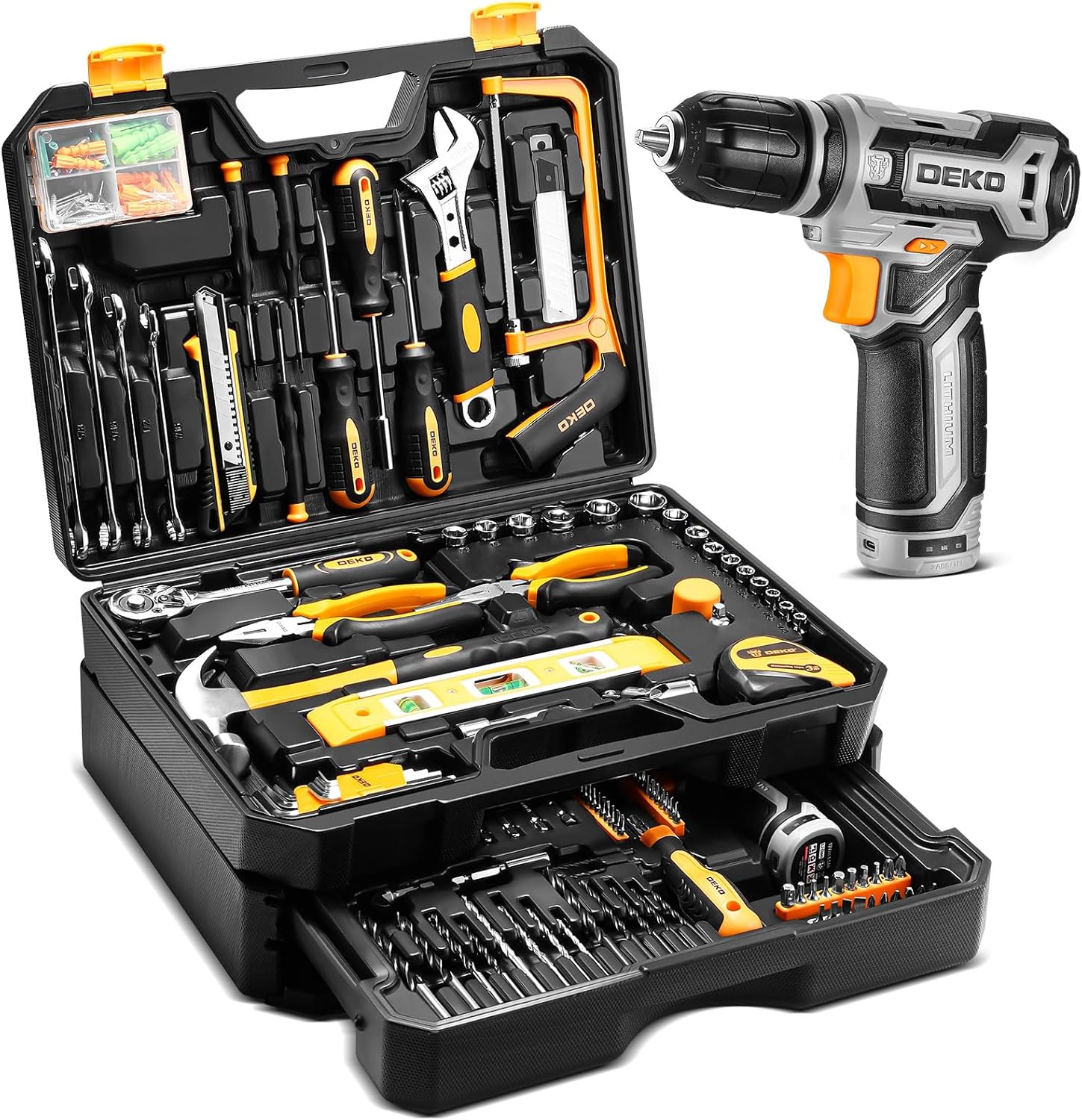 Tool Kit Box Drill Set：DEKOPRO Home Mechanic Toolbox with 12V Power Cordless Dr...