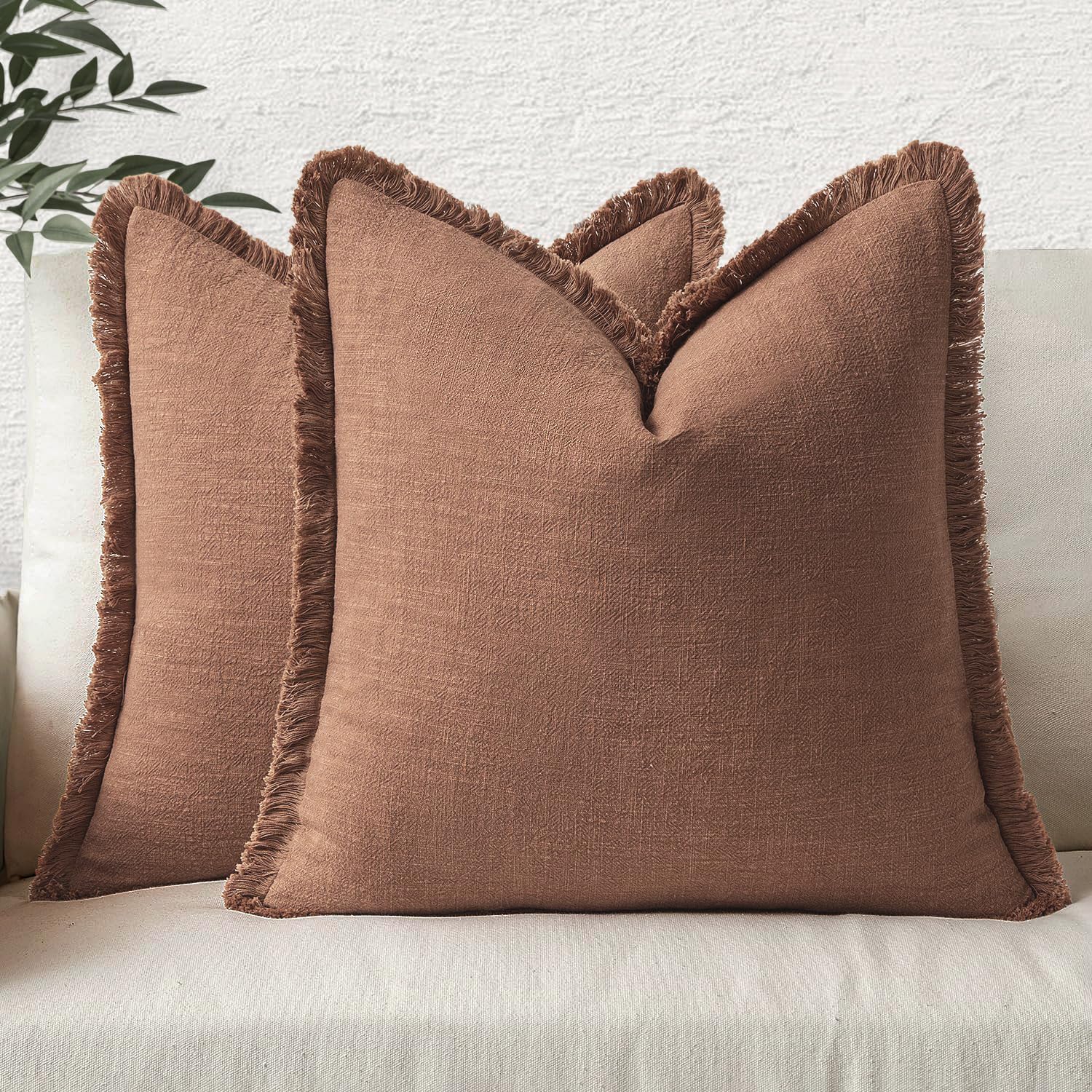 MIULEE Decorative Throw Pillow Covers Neutral Linen Fringe Throw Pillows Set of...