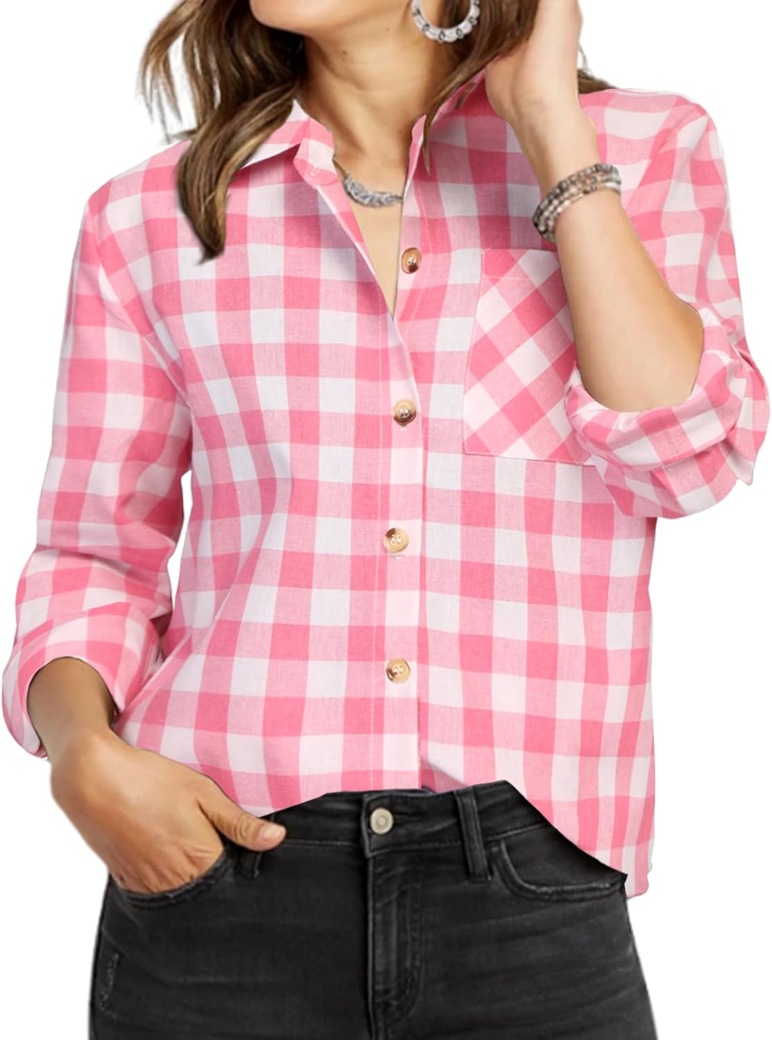 Zeagoo Womens Plaid Shirts Cotton Classic Long Sleeve Button Down Collared Casua...