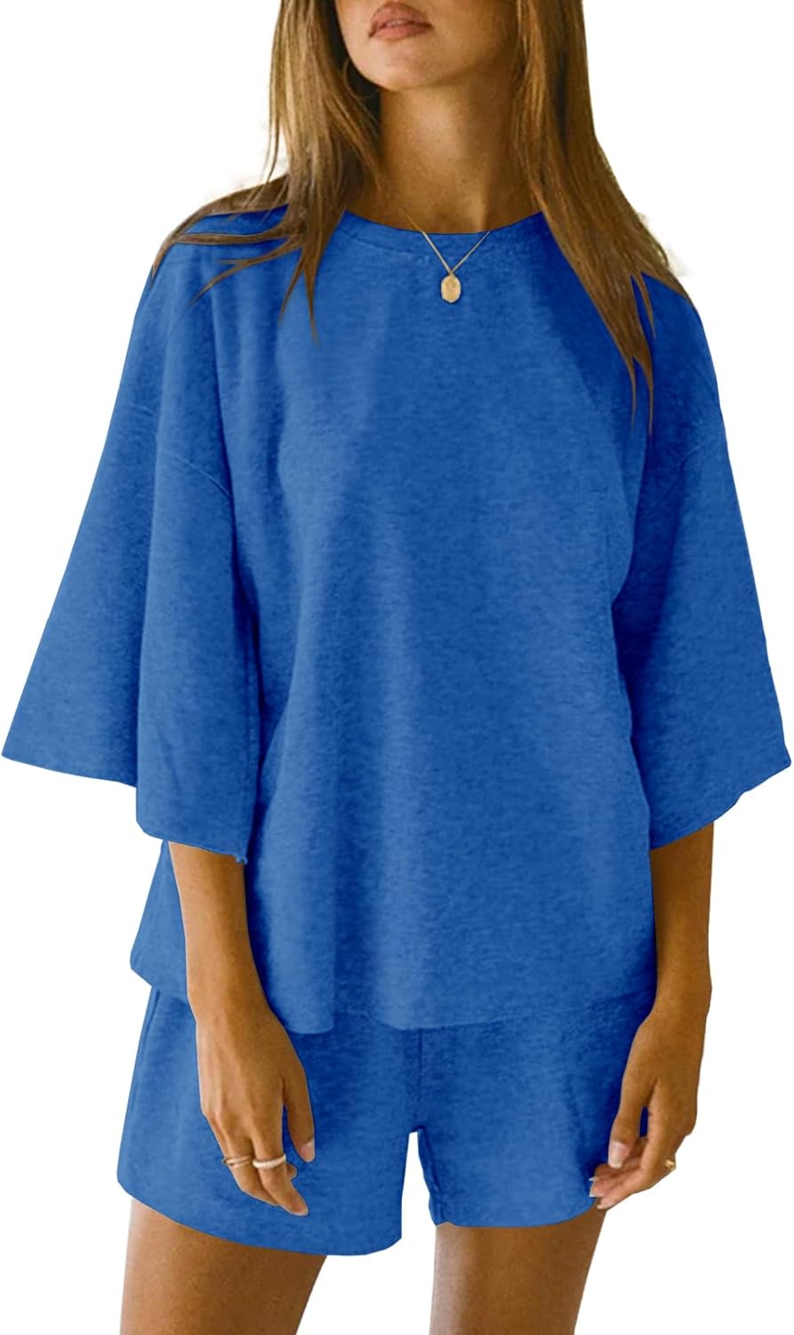 Tankaneo Womens Pajama Sets 3/4 Sleeve Oversized Tops and Elastic Waist Shorts L...