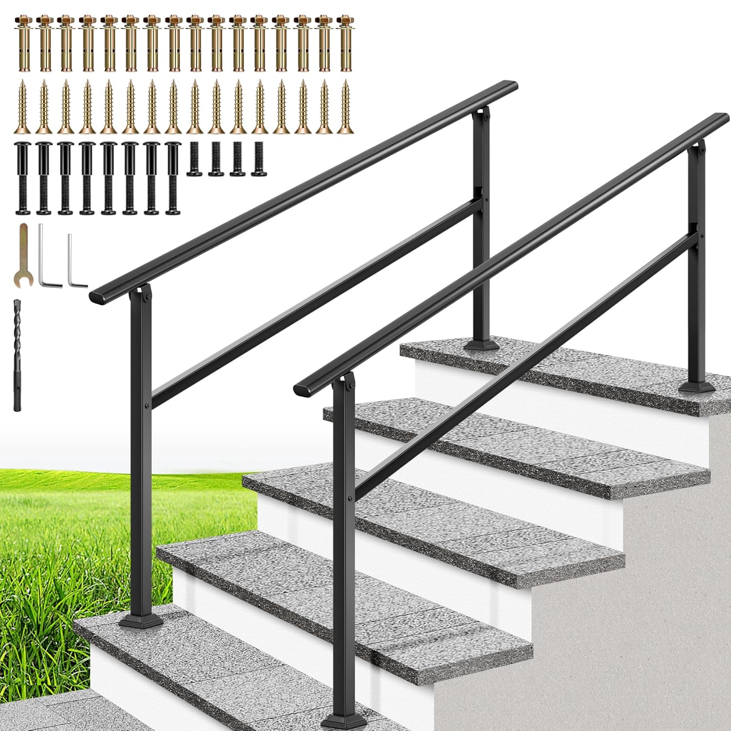 VIVOHOME 2-Pack 5 Step Hand Rails for Outdoor Steps, Wrought Iron Railing, Black...