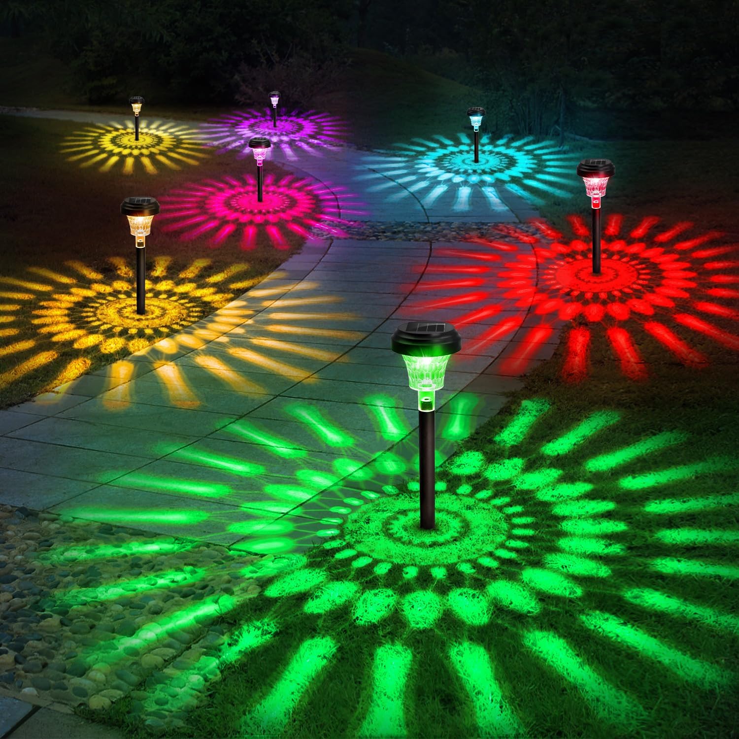ROOR Solar Pathway Lights 8 Pack, Outdoor Solar Yard Lights, RGB Color Changing+...