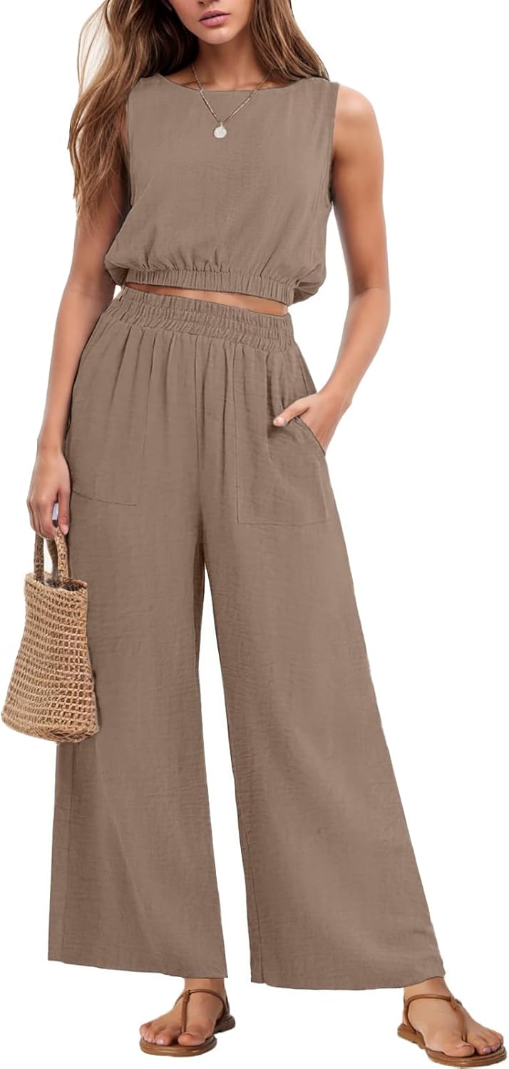 GRECERELLE Two Piece Sets for Women Sleeveless Crop Top Wide Leg Pants Sweat Set...