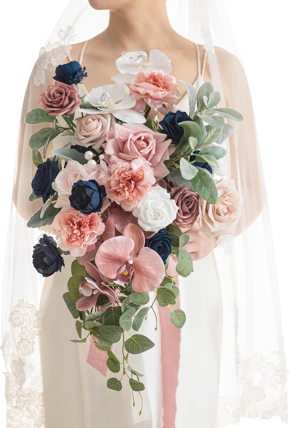 Ling's Moment Dusty Rose Navy Blue Bridal Bouquet Cascading, Pink and Blue Weddi...