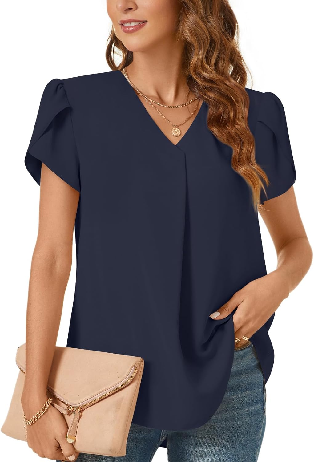 Bestbee Women's Dressy Chiffon Blouses V Neck Tops Tee 2025 Summer Shirts Petal...