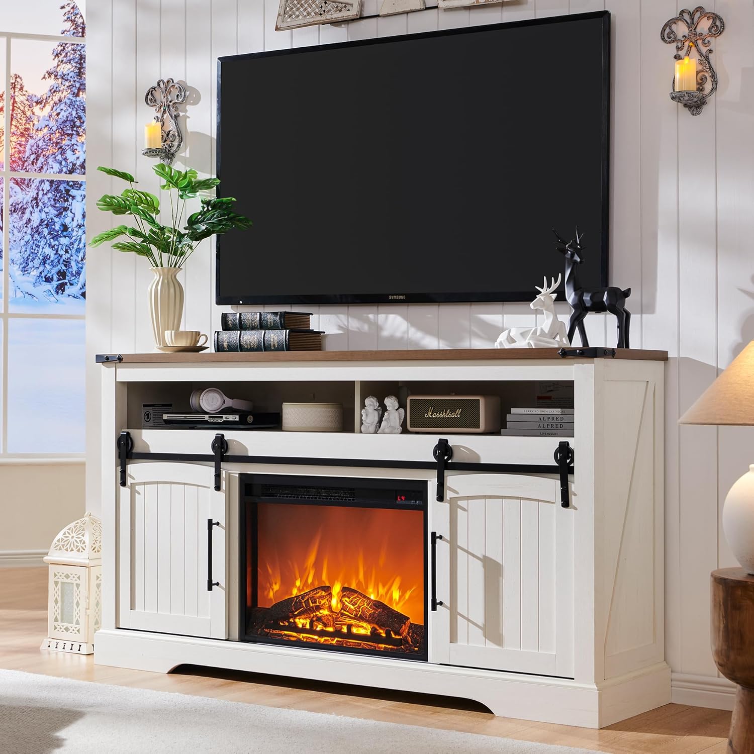 OKD Farmhouse Fireplace TV Stand for 70+ Inch TV, 33" Tall Highboy Entertainment...