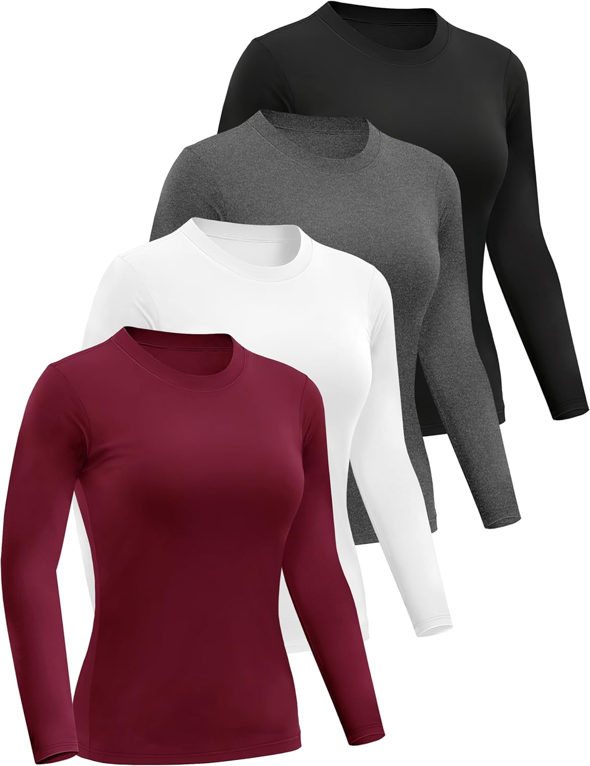 4 Pack Women’s Long Sleeve Basic Shirts Crew Neck Slim Fitted Compression Gym Wo...