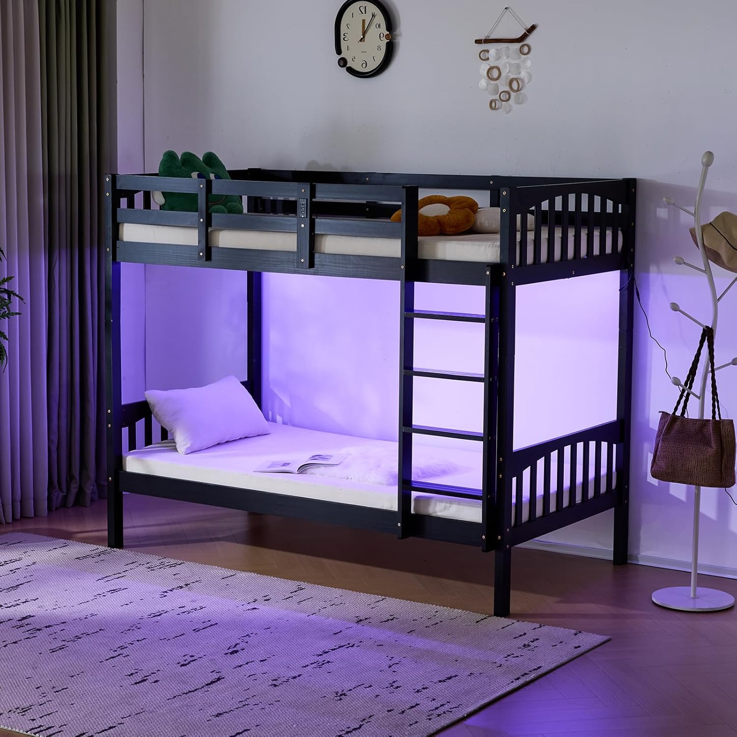 VINGLI Twin Bunk Bed with RGB LED Strip and Charging Station - High Wood Guardra...