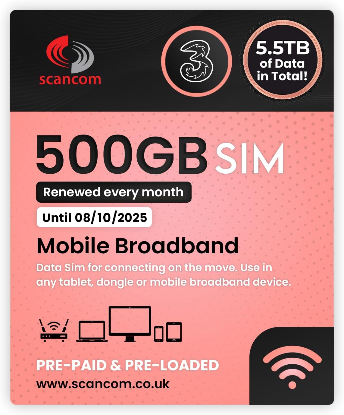 Three 500GB 5G Data SIM - 500GB Preloaded EVERY MONTH from now until 8th October...