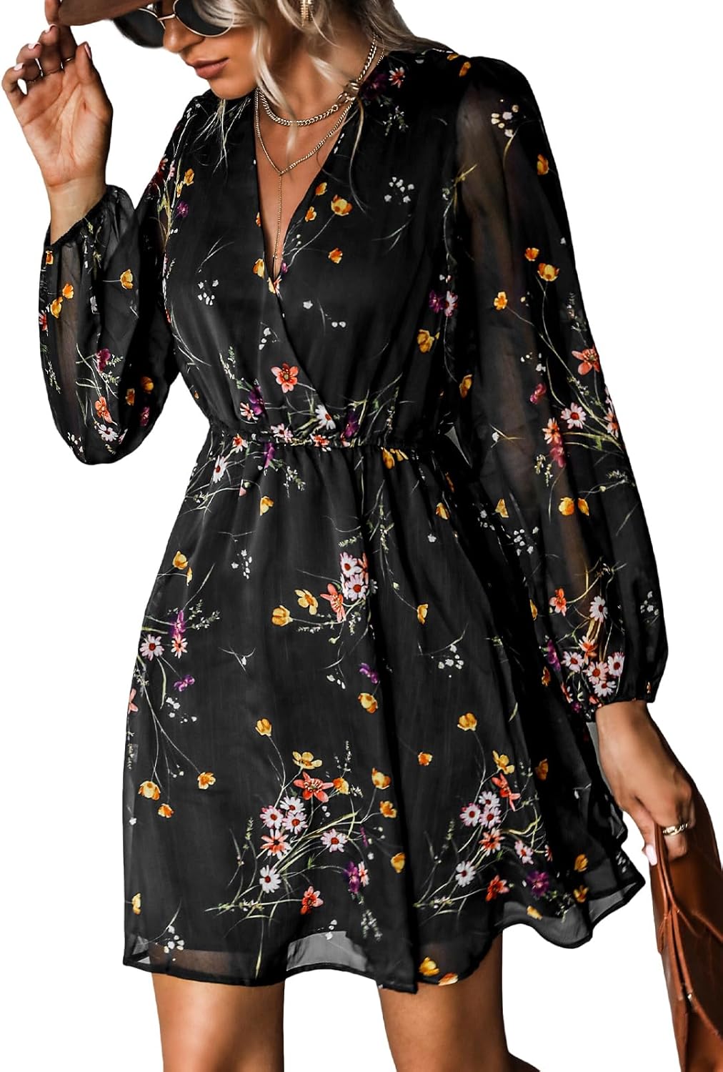 CUPSHE Women's Floral Print Chiffon A-Line Mini Dress Long Peasant Sleeves Elast...