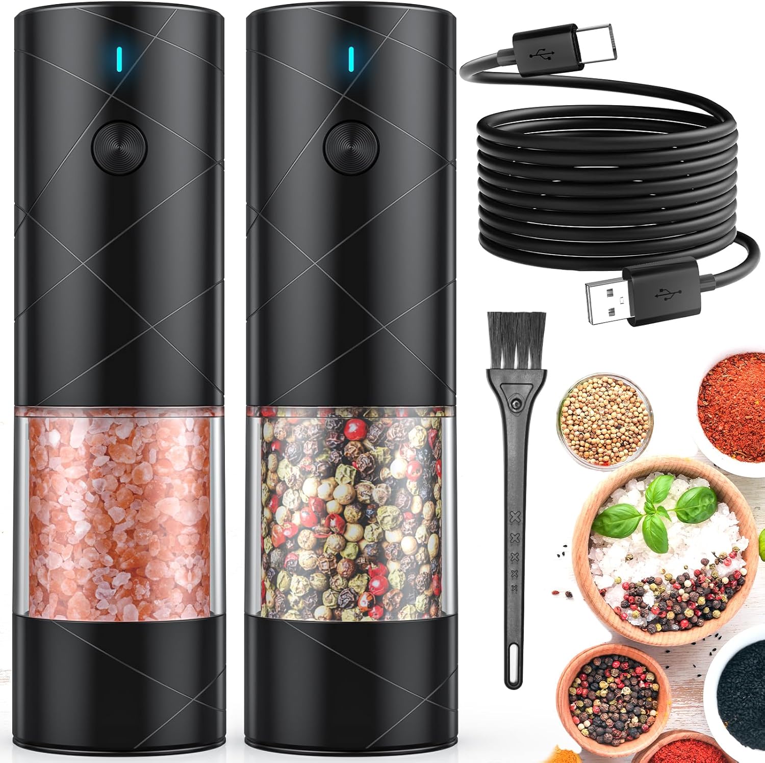 2Pack Electric Salt and Pepper Grinder Set USB Rechargeable with Warm LED Light,...