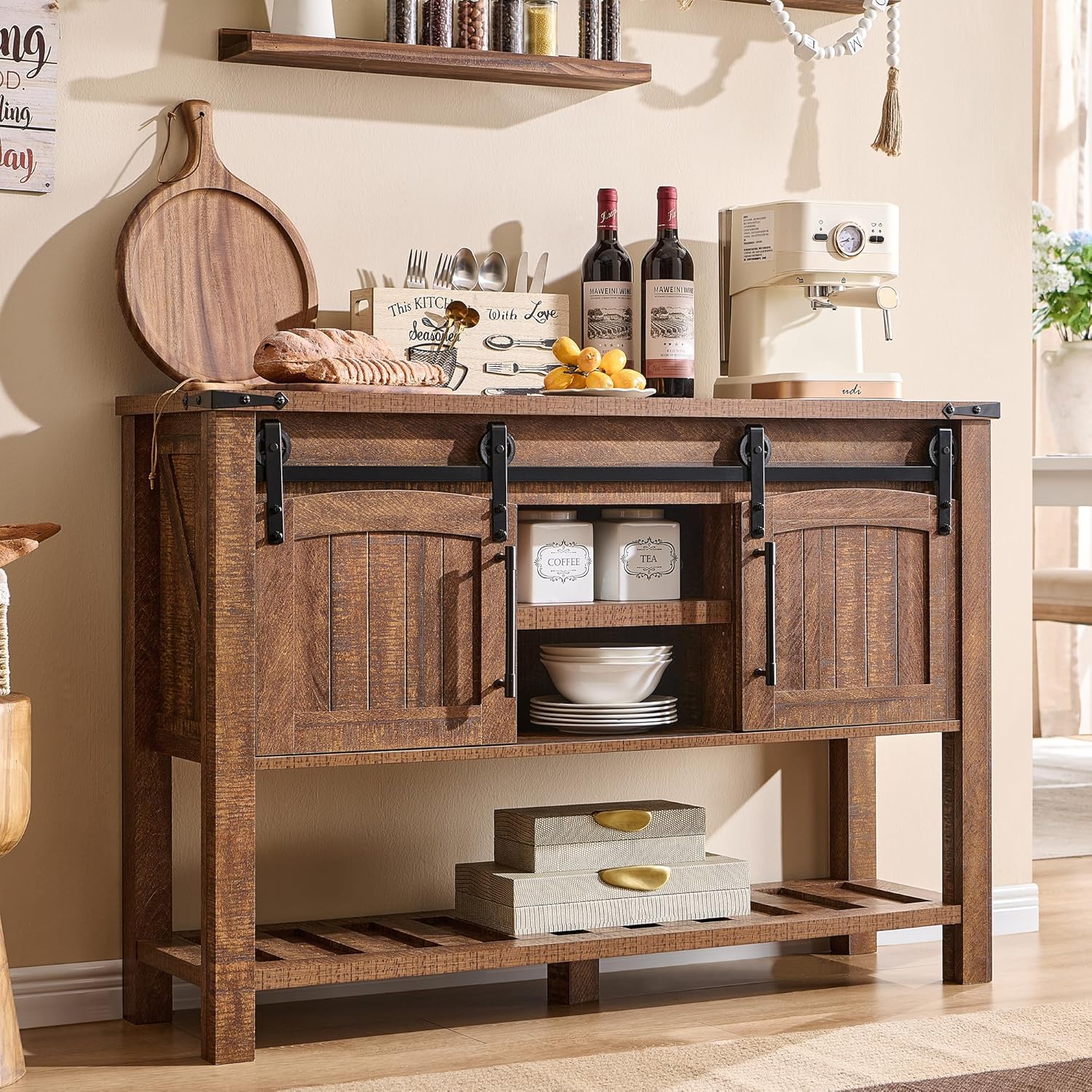 OKD Farmhouse Entryway Table with Sliding Arch Doors, 46" Rustic Console Table w...
