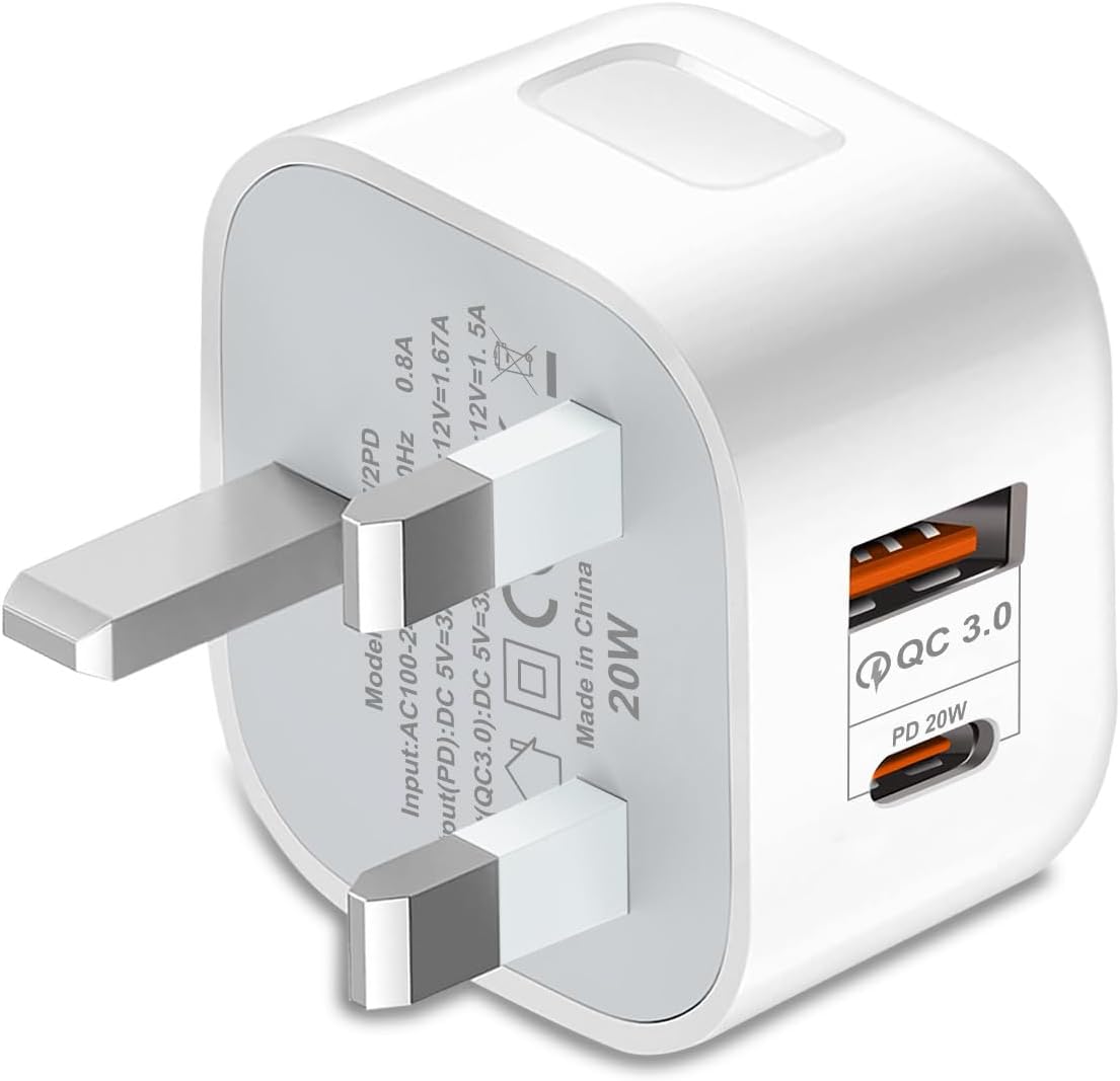 USB C Plug UK iPhone Plug Type-C 20W Fast Charge Power Adapter Dual Port USB Wal...