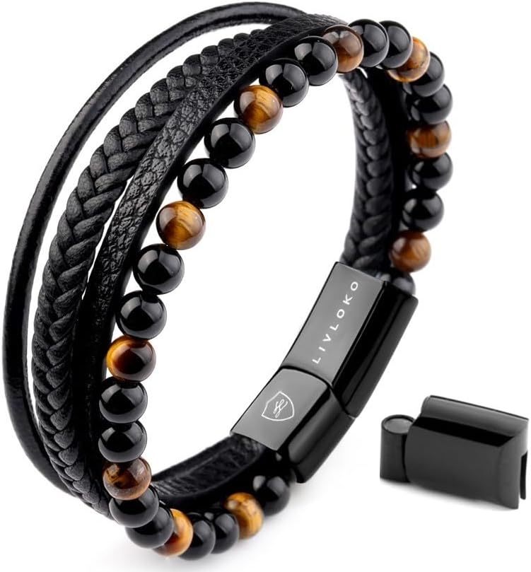 LIVLOKO Mens Bracelet Leather Black Multi-Layer Bracelet for Men Magnetic Clasp...