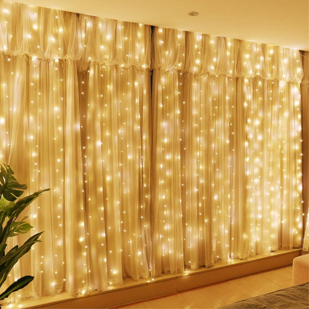 HXWEIYE 300LED Fairy Curtain Lights, 9.8x9.8Ft Warm White USB Plug in 8 Modes Ch...