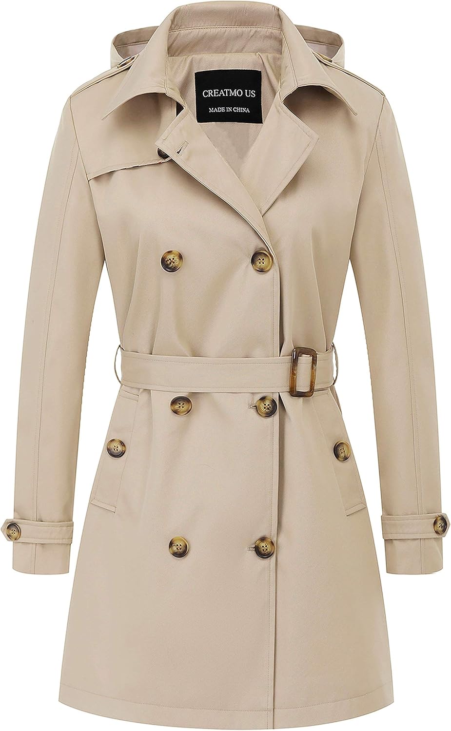 CREATMO US Women's Trench Coat Double-Breasted Classic Lapel Overcoat Belted Sli...