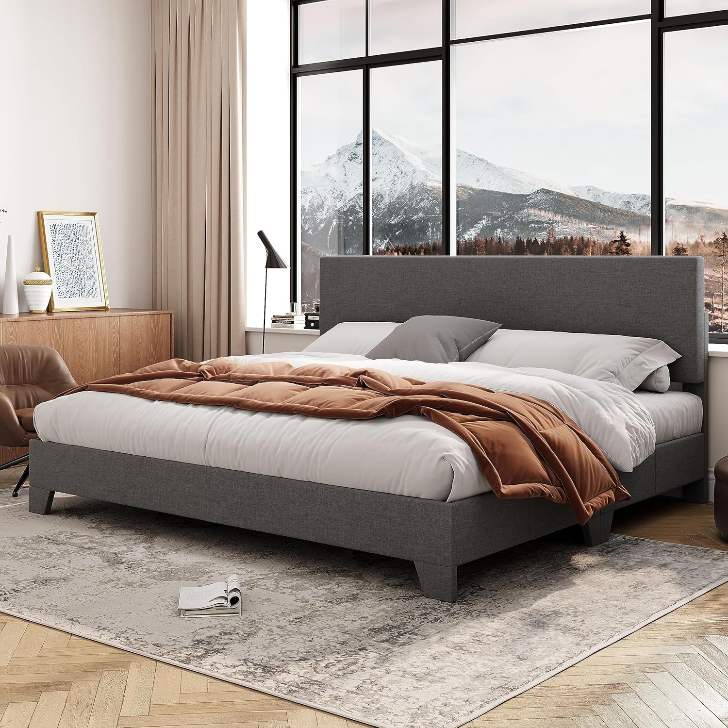 Allewie King Size Bed Frame with Adjustable Headboard, Upholstered Platform Bed...