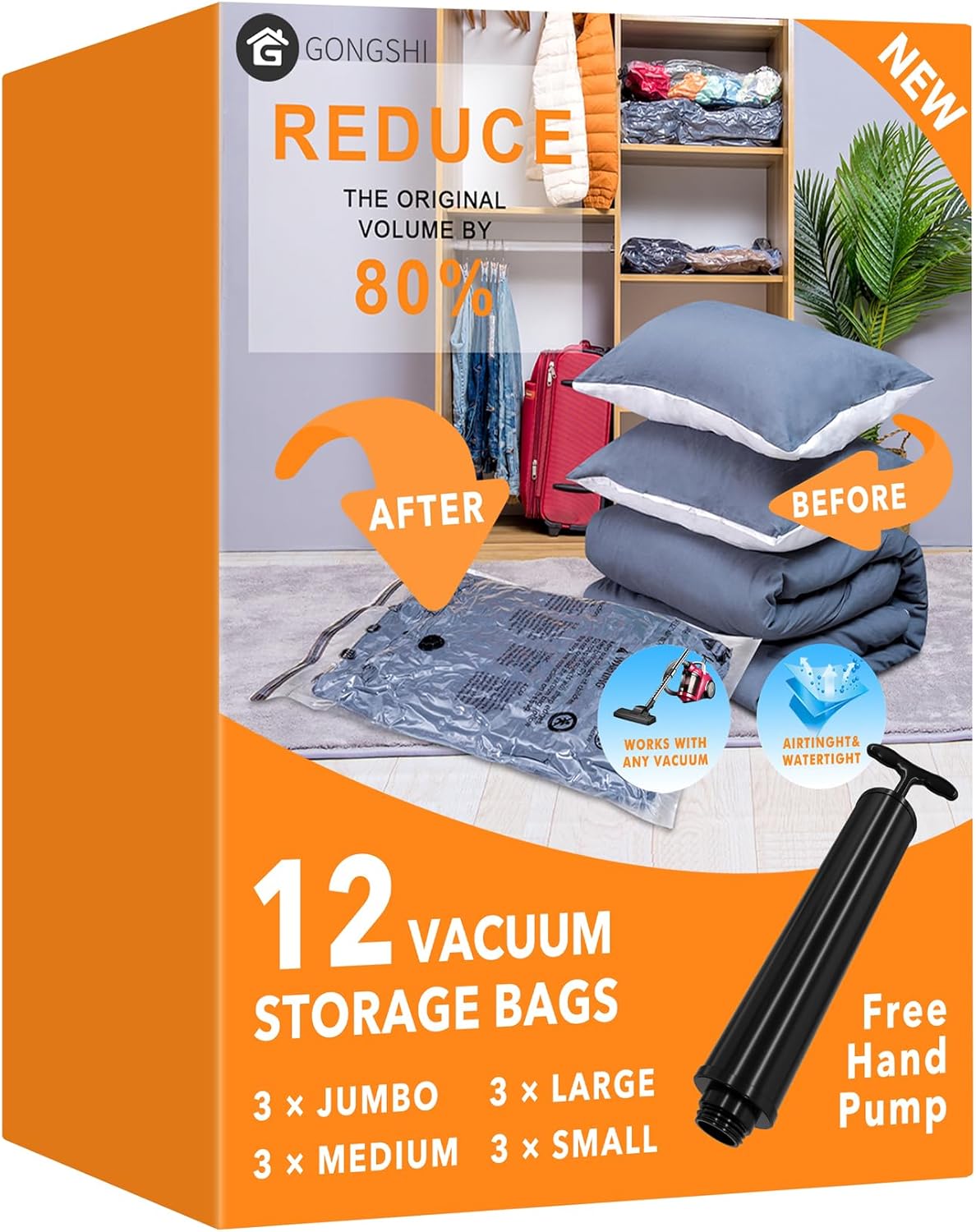 12 Pack Vacuum Storage Bags (3 x Jumbo, 3 x Large, 3 x Medium, 3 x Small), Space...
