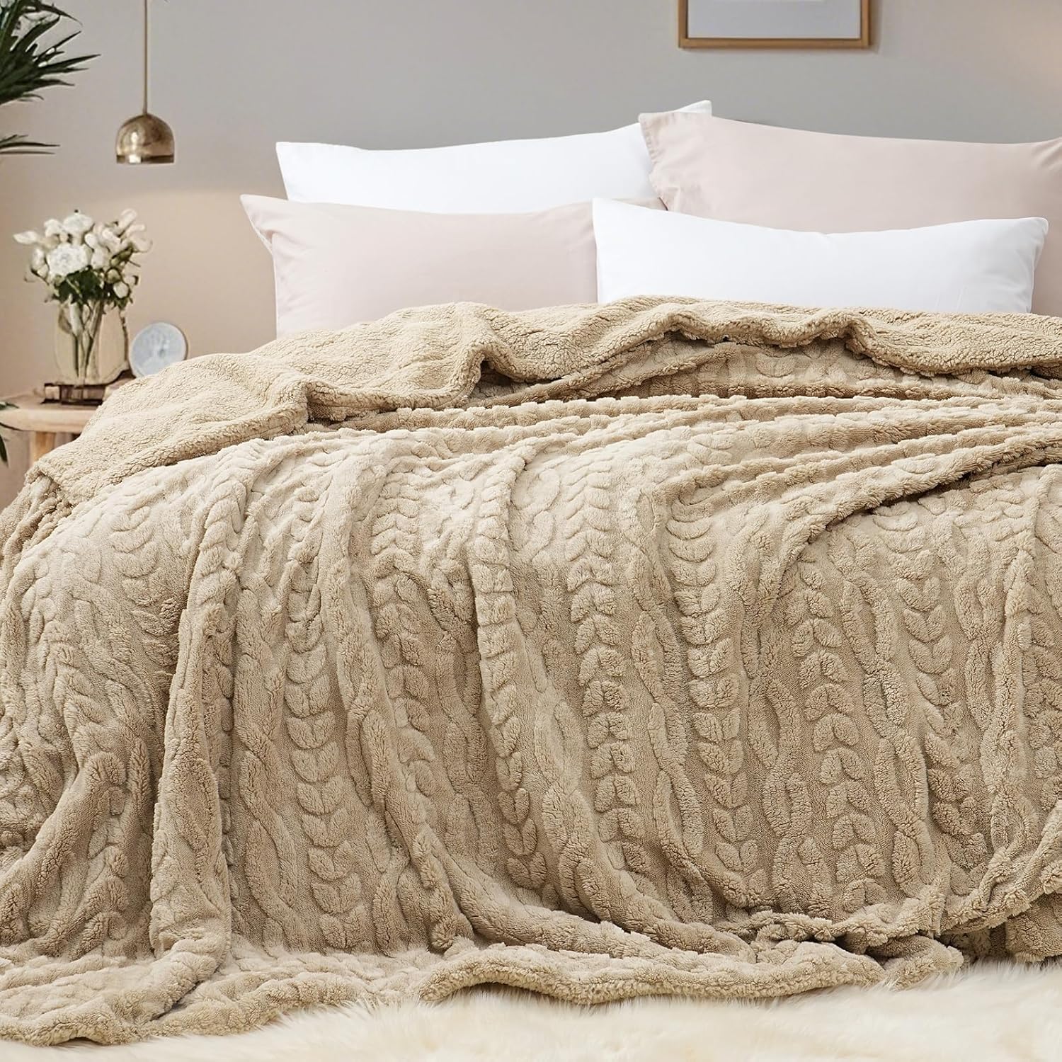 PHF Fluffy Sherpa Blanket Twin Size for Winter, Warm and Soft, 510GSM 3D Jacquar...